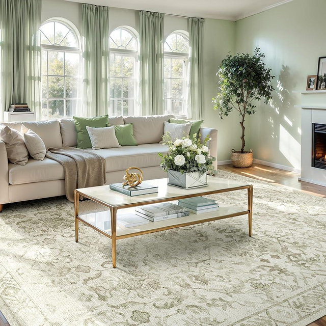 Deerly Sage Green Rugs 8x10 for Living Room Soft Non-Slip, Large Vintage Floral Area Rug Retro Tribal Farmhouse Faux Wool Stain Resistant Carpet for Bedroom Dining Room Office Guest Room
