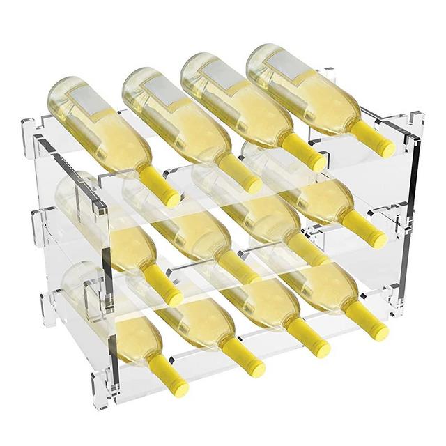 Stackable Modular Wine Rack 12 Bottle, Transparent Acrylic Plastic Free Standing Floor 3-Tier Display Small Wine Holde for Home Kitchen Bar Cabinets Dining Room Living Room