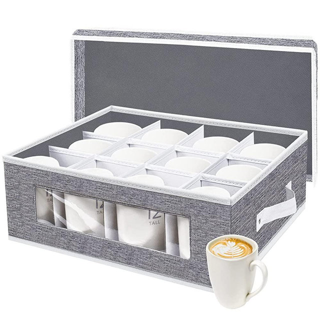 Cup and Mug Storage Box with dividers - China Storage Containers with Lid and Handles,Holds 12 Coffee Mugs and Tea Cups, Hard Shell and Stackable (Grey)
