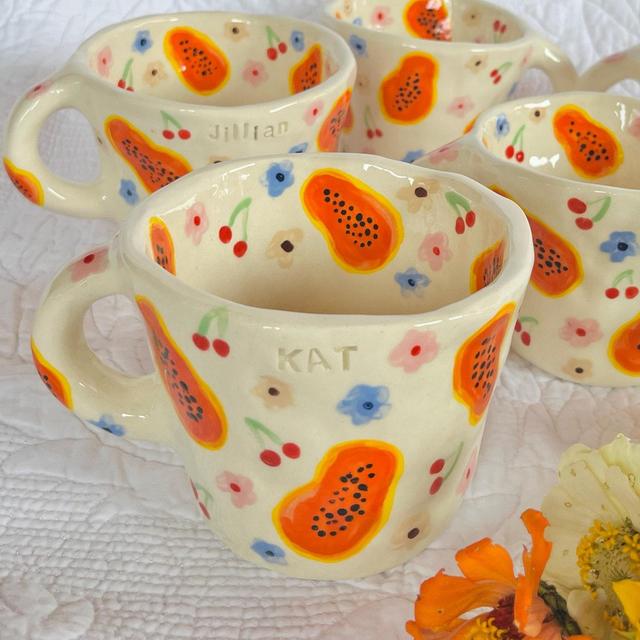 papayas and cherries handmade ceramic mug-handmade ceramic mug,fruit mug,handmade mug,cute handmade mug,cute pottery mug,mug,cute mug gift