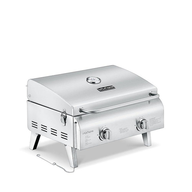Portable Grill – Table Top Stainless Steel Propane Gas BBQ for Camping and Outdoor – 2 Burners –20,000 BTU Power - Folding Legs – Wind Proof Lid – Easy Clean – Silver - By Lifemaster