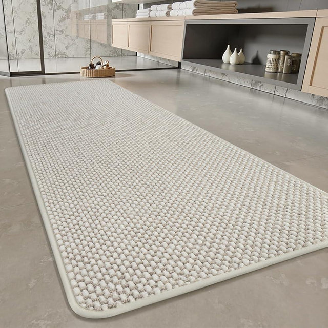 PADOOR-Bath Mat Runner-Super Absorbent Chenille Bathroom Mats-Rubber Backed Bath Mats for Bathroom Non Slip, Easy Clean Bathroom Runner Rugs Front of Bathtub,Shower Room,Sink-24×48, Beige&Cream