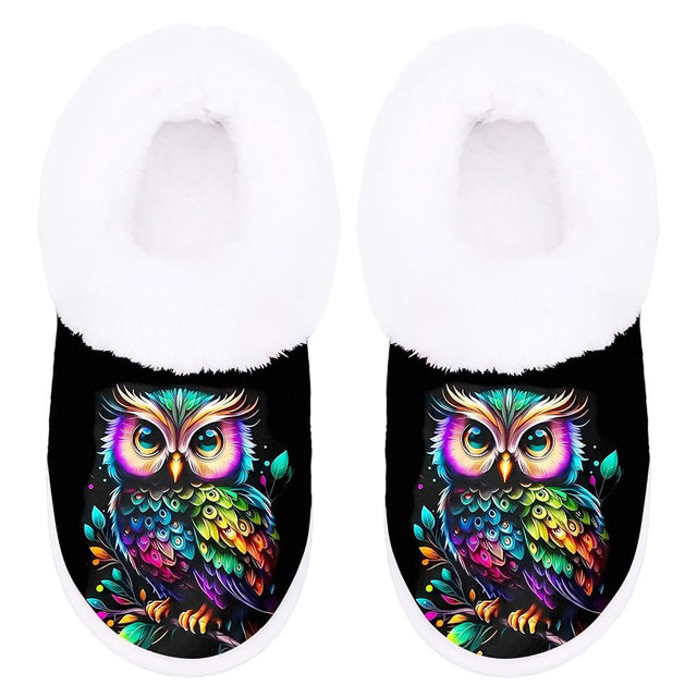LOONG DESIGN Women's Owl Print Slip-On Slippers, Closed Back Fuzzy House Slippers for Men, All-Season Comfy Plush Lining Warm Winter Indoor Shoes with Non-Slip Rubber Sole, Machine Washable