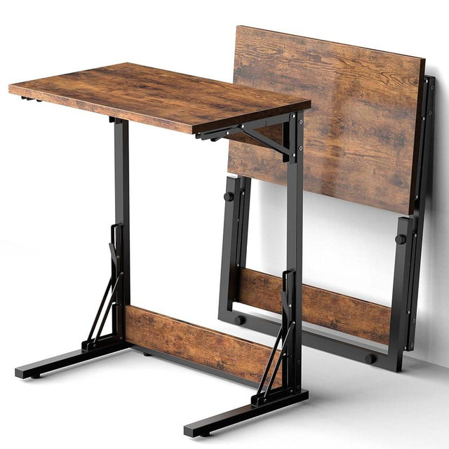 Tatub 24" Folding C Shaped End Table Set of 2, Small Sofa Side Laptop Desk, Couch TV Tray Table for Living Room, Bedroom, Rustic Brown