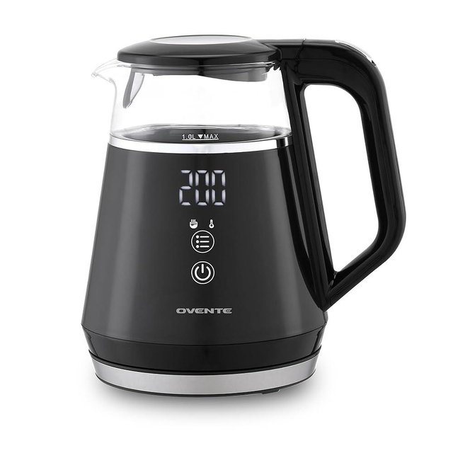 OVENTE 1L Small Electric Kettle with 5 Temperature Preset, Digital Display, 5Hr Keep Warm, Auto Shut-Off, Double-Wall Cool Touch Exterior, Borosilicate Glass,1500W BPA Free Water Boiler, Black KD95B