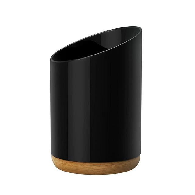 KITEISCAT Ceramic Utensil Holder for Kitchen Countertop – Cooking Utensil Caddy Organizer with Acacia Wooden Base,5.5 x 7.5 Inches,Black