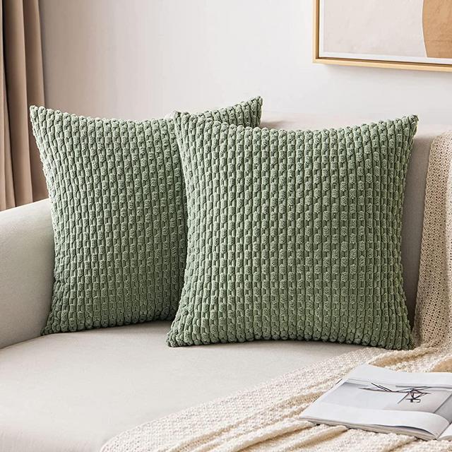 MIULEE Spring Throw Pillow Covers Soft Corduroy Decorative Set of 2 Boho Striped Pillow Covers Pillowcases Farmhouse Home Decor for Couch Bed Sofa Living Room 18x18 Inch Sage Green