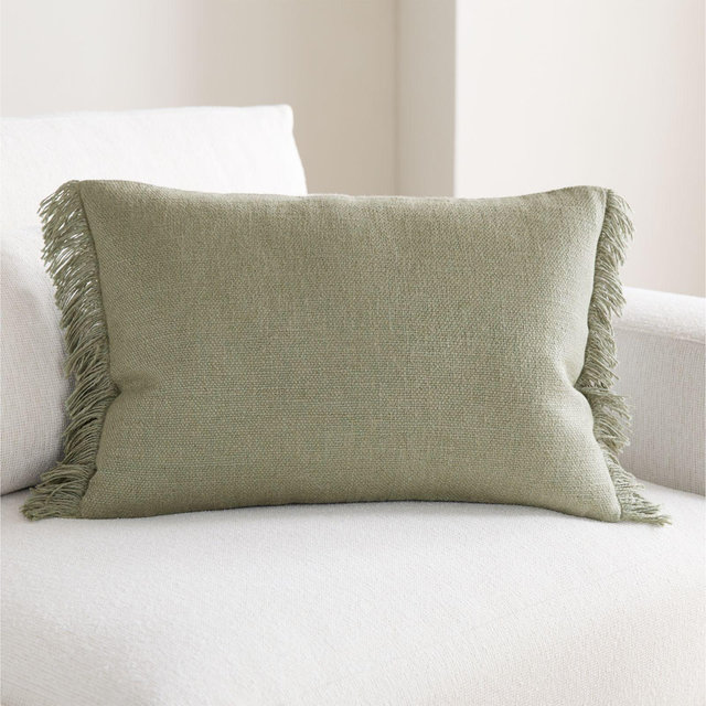 Casual Textured Fringe 24"x16" Shadow Sage Green Throw Pillow with Down-Alternative Insert