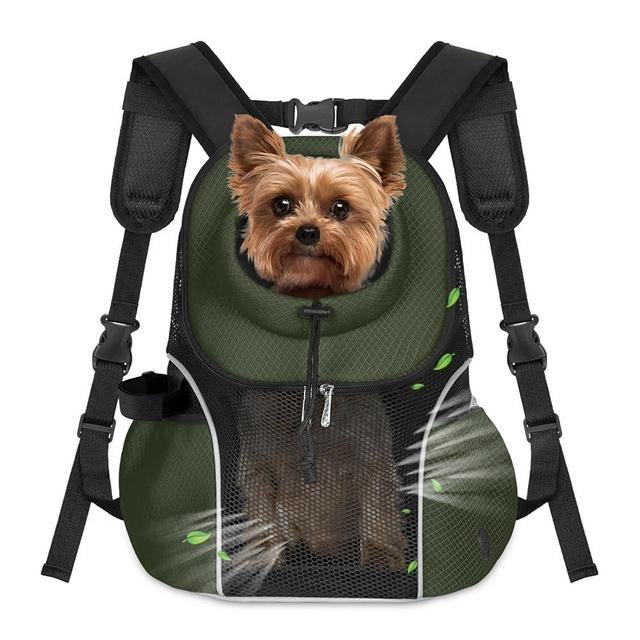 WOYYHO Pet Dog Carrier Backpack Small Dog Front Backpack Ventilated Mesh Dog Travel Back Pack with Safety Belt for Travel Hiking Cycling Outdoor Adventures (Size L: 10-14 lbs, Army Green)