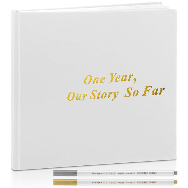 Colarr Hardcover Couples Scrapbook 144 Pages 8.7 x 8.7" Couples Photo Album Scrapbook Relationship Journal for Memory Book Gift for Wedding with 2 Markers(White,One Year)