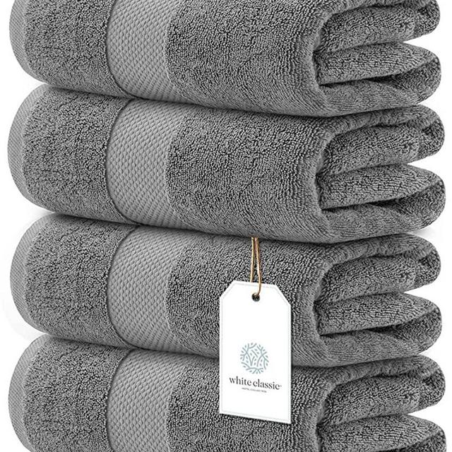 White Classic Luxury Bath Towels Large | 700 GSM Cotton Absorbent Hotel Bathroom Towel | 27x54 Inch | 4 Pack |Cool Grey