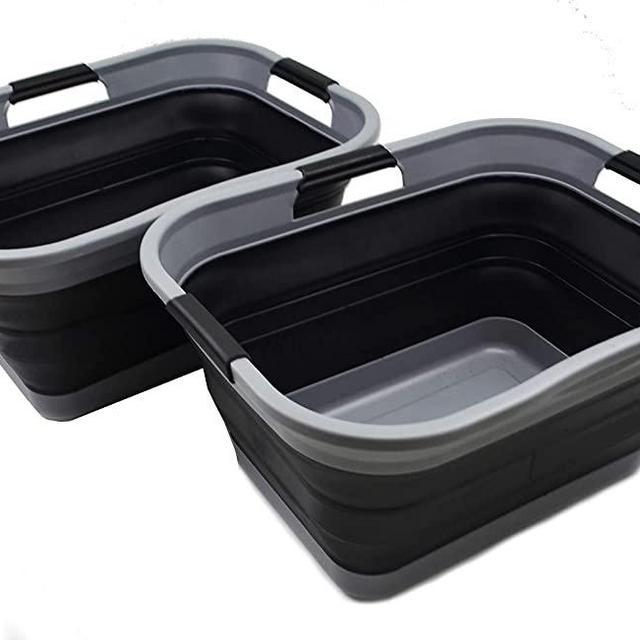 SAMMART Set of 2-30L (7.6 gallon) Collapsible Plastic Laundry Basket - Foldable Pop Up Storage Container / Organizer - Portable Washing Tub - Space Saving Hamper / Basket, Water capacity: 24L (6.3 gallon) (2, Grey/Black)