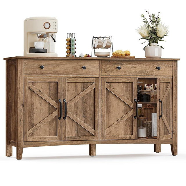 VASAGLE LIRY Collection - Buffet Cabinet, Coffee Bar Cabinet with 2 Drawers, Adjustable Shelves, Sideboard Storage with Cable Holes, Drawer Dividers, Honey Brown UBBK381K01