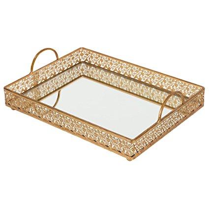 Giovanni Vintage Gold Mirror Top Serving Tray, Rectangular Metal Ornate Accent Vanity Food Decorative Display Platter