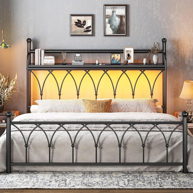 EnHomee 54" King Bed Frame with Tall Storage Headboard, Metal King Size Bed Frame with LED Lights and Power Outlets, Sturdy & Noise-Free, No Box Spring Needed, Black