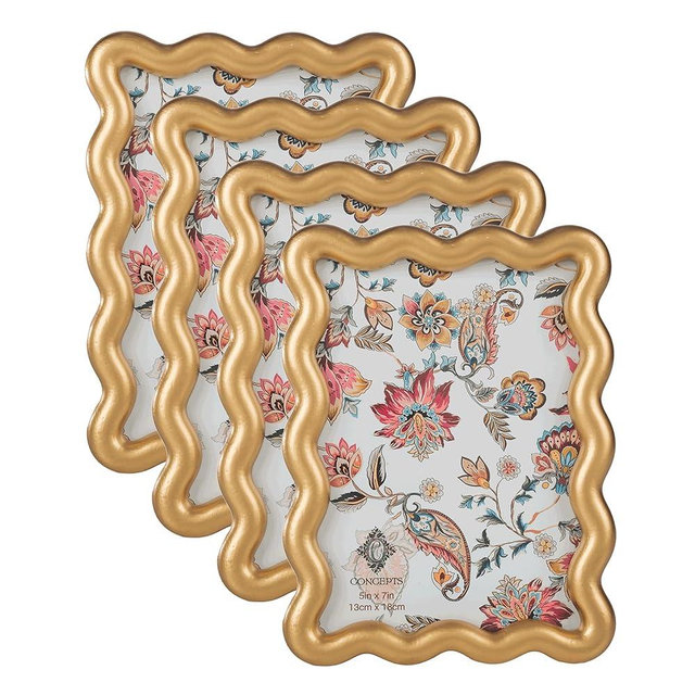 Concepts Set Of 4-5x7 Gold Scalloped Wavy Design Resin Picture Frame With HD Clear Glass, Extra Durable Photo Frames - Display Tabletop Vertically Or Horizontaly