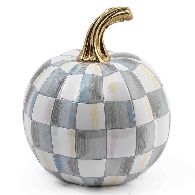 MACKENZIE-CHILDS Mini Decorative Pumpkin for Fall Decor, Autumn Decorations for Home, Gray-and-White Sterling Check