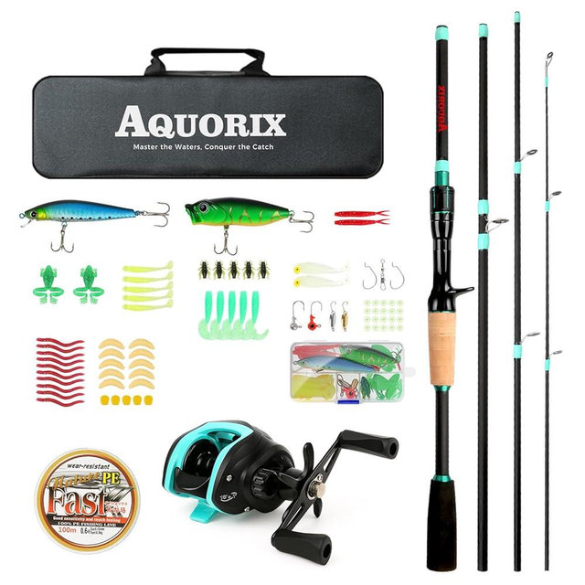 Aquorix Fishing Rod and Reel Combo – Spinning & Baitcasting Travel Lure Rod Kit, Medium Power, X-Fast Action, 5'11"/6'11", 4/5-Piece Carbon Fiber Rod with Bag & Accessories