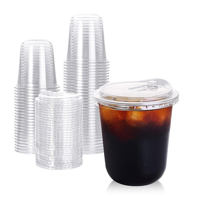 Turbo Bee 50 Pack - 12 oz Round Bottom Clear Plastic Cups with Strawless Sip - Lids, Disposable To Go Coffee Cups with Sippy Lids for Iced Coffee, Cold Drinks and Beverages