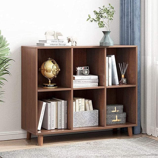 IOTXY Open Cube Low Bookcase - 2-Tier Freestanding Storage Display Cabinet Storage Organizer for Home Office, Six Cubes Open Shelf Short Bookshelf, Walnut