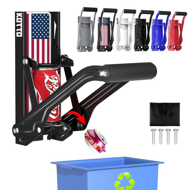 Kotto Can Crusher - Wall Mounted Can Crushers for Recycling - with Auto-Drop System -Built-in Bottle Opener-Crushes 8-16oz Cans-Includes Kitchen Storage Bag-Heavy Duty Can Crusher for Home Use-US Flag