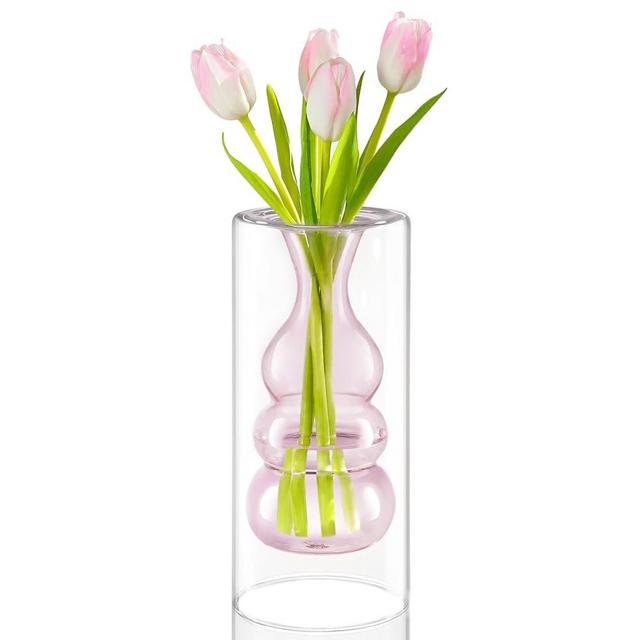 ZENS Modern Pink Glass Vase, Hand Blown Hollowed Out Bubble Decorative Glass Flower Vases for Wedding Decor Home Small Bouquet.