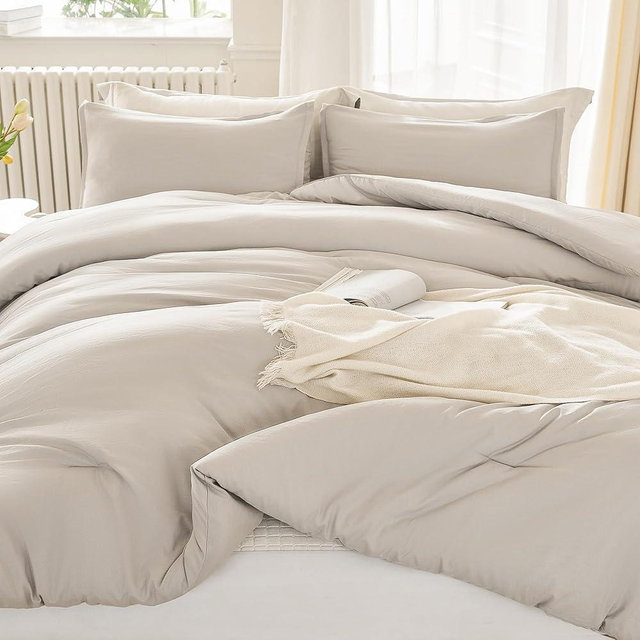 Litanika Linen Grey Comforter Set Queen Size, 3 Pieces Lightweight Solid Bedding Set & Collections, All Season Fluffy Bed Set (90x90In Comforter & 2 Pillowcases)