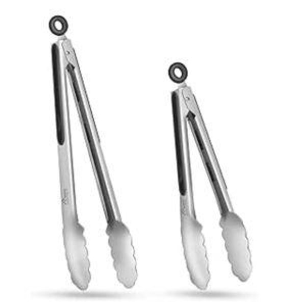 Hotec Stainless Steel Kitchen Tongs Set of 2 - 9" and 12", Locking Metal Food Tongs Non-Slip Grip
