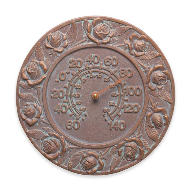 Whitehall Products Rose Indoor/Outdoor Wall Thermometer in Copper Verdigris