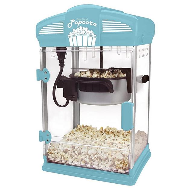 West Bend Hot Oil Theater Style Popcorn Popper Machine with Nonstick Kettle Includes Measuring Tool and Serving Scoop, 4-Ounce, Blue