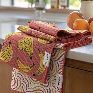 RECYCO Waffle Kitchen Towel Set of 2 - Quick Dry Microfiber Sustainable Dish Towels - Ultra Absorbent Reusable Cleaning Tea Towels - Lightweight Hand Towels,16”x 28”, Banana Joy