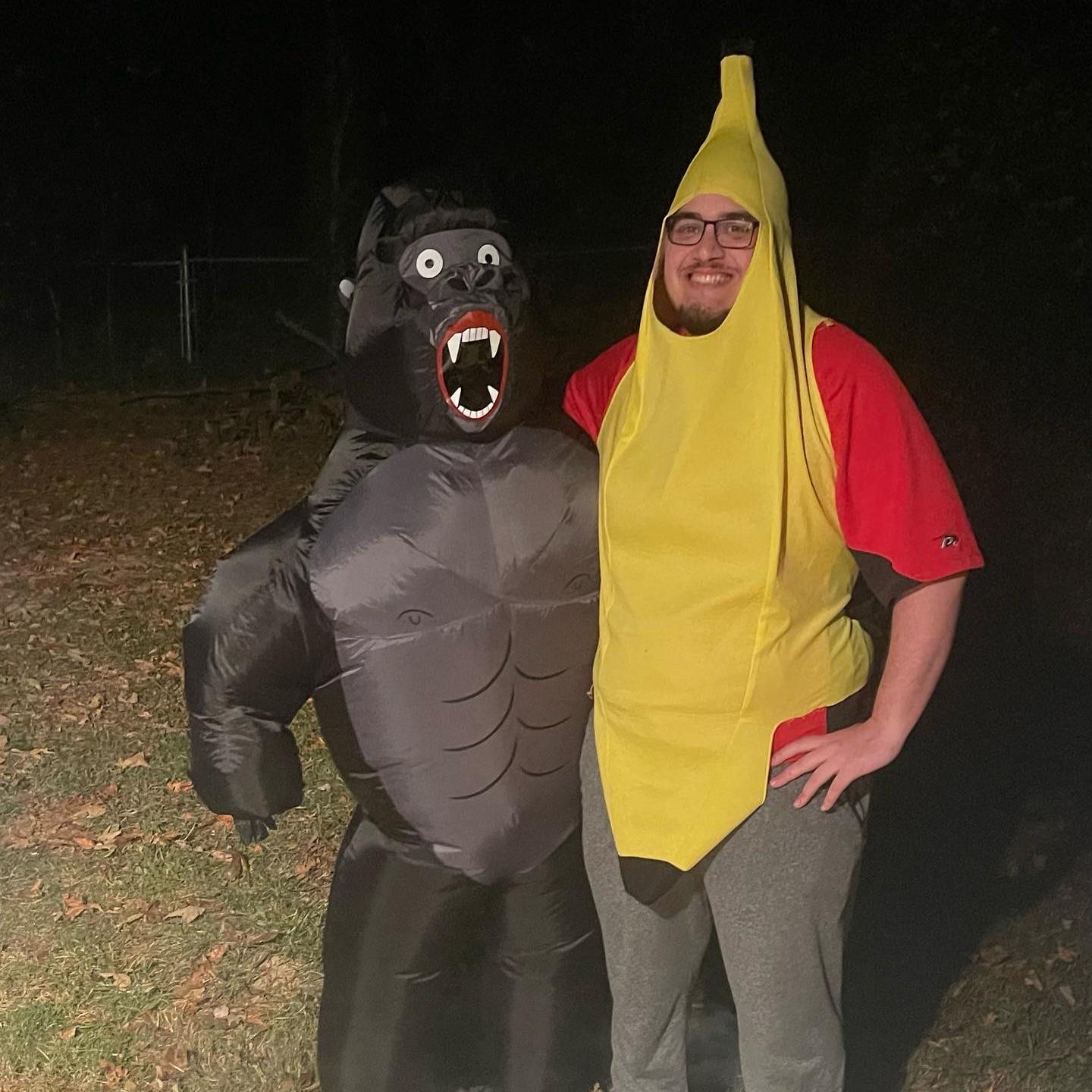 Halloween a couple of years ago. Hayden has a tradition of being a banana each year, so I decided to compliment him with a gorilla suit.