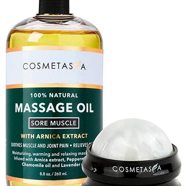 Cosmetasa Sore Muscle Massage Oil with Massage Ball Roller - Soothes Muscle and Joint Pain with Arnica Extract, Peppermint, Chamomile, and Lavender Oil
