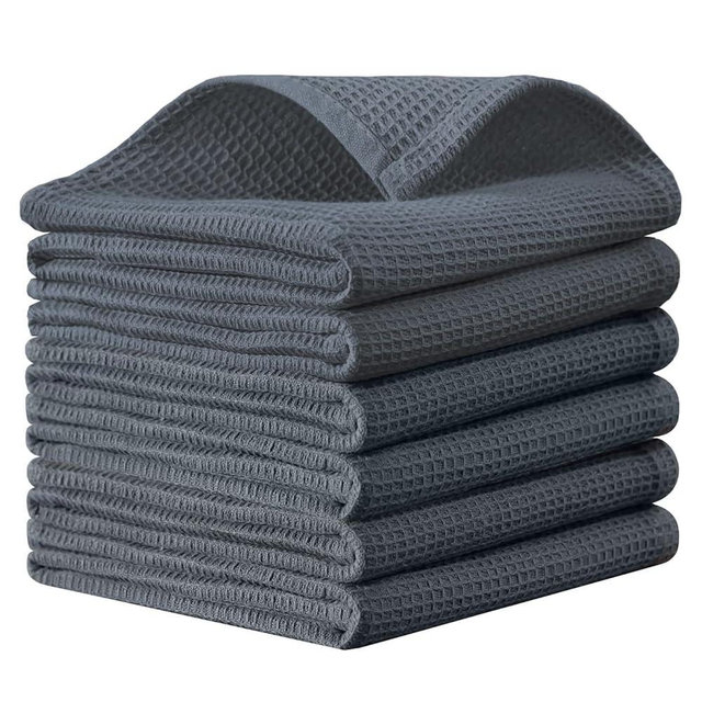 QUILTINA Dish Towels Set,100% Cotton Waffle Weave Kitchen Towels 6 Pack,14 x 14 Inches Dish Towels for Kitchen,Super Absorbent for Drying and Cleaning (Dark Grey)