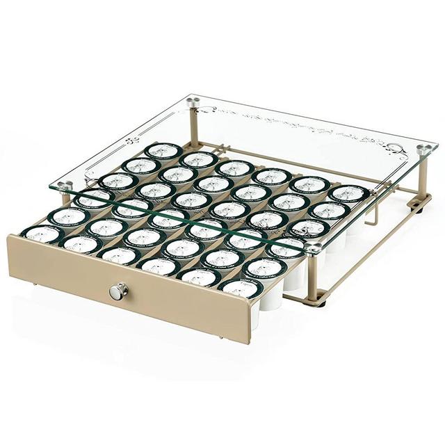 Coffee Pod Holder, Tempered Glass Top Coffee Pod Drawer Compatible with k cup Coffee Pods, Holds 36 Pods Coffee Pod Storage Drawer Organizer for Coffee Shop Office Kitchen Counter 14 × 13 × 3 in