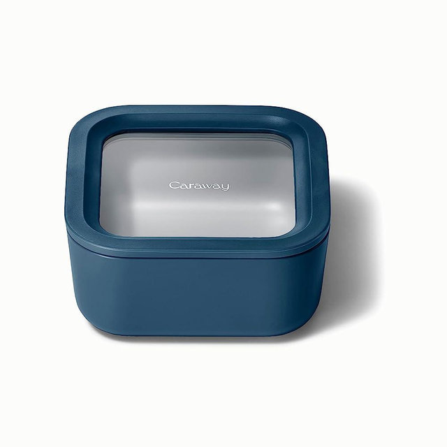 Caraway Glass Food Storage, 4.4 Cup Glass Container - Ceramic Coated Food Container - Easy to Store, Non Toxic, Non Stick Lunch Box Container with Glass Lids. Dishwasher, Oven, & Microwave Safe - Square Shape - Navy