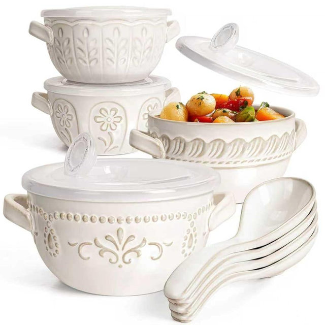 Artena Ramekins with Lids, Creme Brulee Ramekins Oven Safe, Pudding Cups, Souffle Cups, Custard Cups, French Onion Soup Bowls with Handles and lids & Spoons, 20 Oz Ceramic Soup Crocks