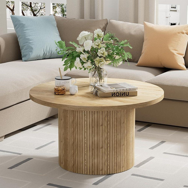 35.4" Round Coffee Table, Modern Coffee Table, Wood Table and Center Table for Living Room, Natural