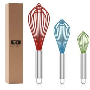 OYV Silicone Rubber Whisk,Premium Whisks For Cooking Non Scratch,Stainless Steel & Silicone Wisk For Nonstick Cookware Pans, High Heat Resistant kitchen Whisks set of 3,Red+Blue+Green