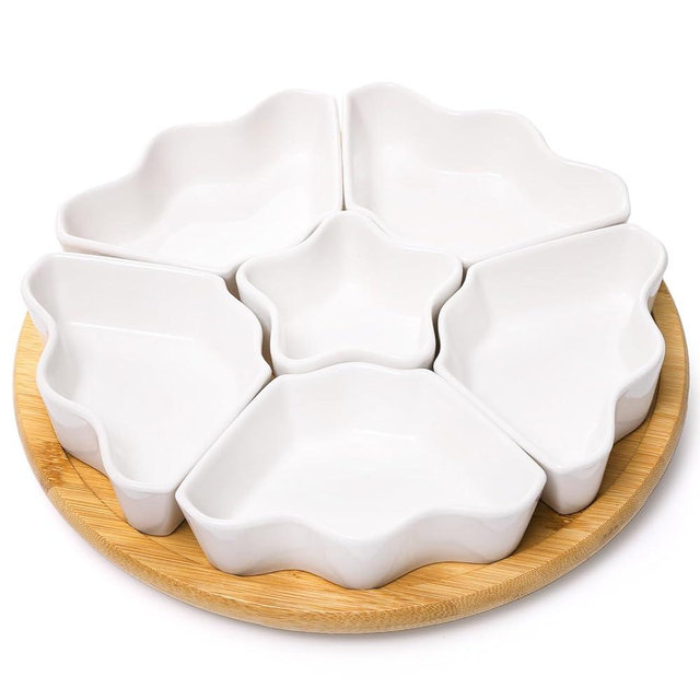 Foraineam Rotatable Serving Platters and Trays, Lazy Susan Relish Tray, 7-Compartment Divided Dishes, 11 Inch Porcelain Removable Bowl for Chip and Dip, Fruit, Nut, Candy and Snack