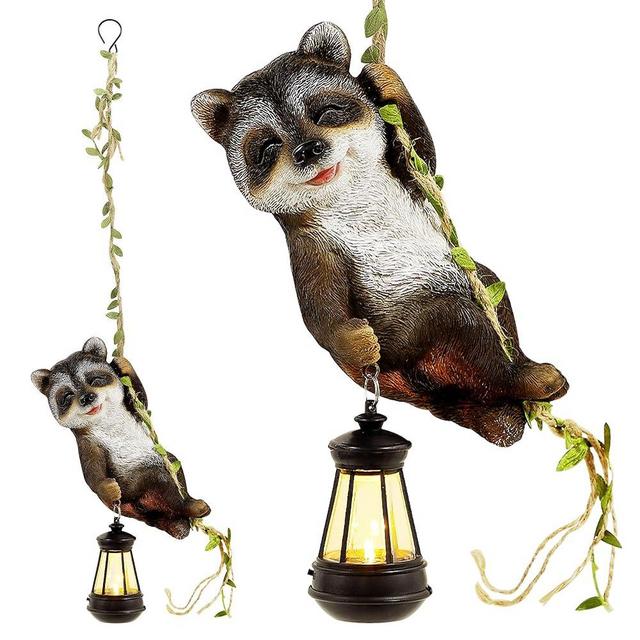 Joliyoou 1 Pack Solar Light Outdoor Statues, 6.5"H Resin Raccoon Climbing On A 23.6"L Vine with LED Lantern, Waterproof Hanging Animal Figurine with Hook for Yard Garden Wall Balcony Tree Decoration