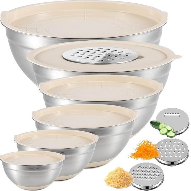 Priority Chef 6Pc Large Mixing Bowls With Lids Set with Non-Slip Bases, Stainless Steel Mixing Bowl Set, 6 Airtight Lids and 3 Graters, Khaki