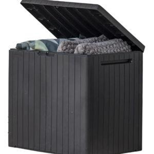 Keter City 30 Gallon Resin Outdoor Storage Box and Patio Furniture Side Table for Pool and Garden Accessories, Dark Grey