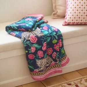 Cotton Jacquard Throw Blanket, Navy Leopard
