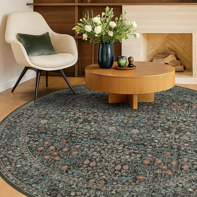 Washable Round Area Rug for Living Room, Soft Round Rugs 6ft Non Slip with Rubber Backing, Vintage Large Circle Carpet for Bedroom Kitchen Nursery, Dark Green Floral Décor