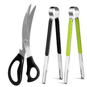 Kitchen Scissors. Korean Barbecue Scissors and Tongs Set, Kitchen Shears and Tongs for Cutting Meat, Chicken, Vegetables, Stainless Steel Multipurpose Non-slip Serrated Sharp BBQ Scissors BBQ Tongs