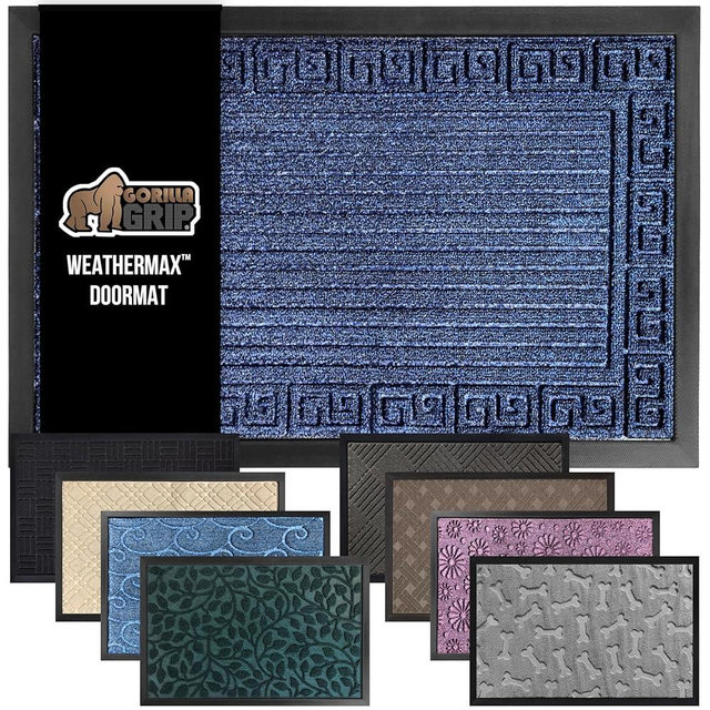 GORILLA GRIP 100% Waterproof All-Season WeatherMax Doormat, 47x35, Durable Natural Rubber, Stain and Fade Resistant, Low Profile, Indoor Outdoor Door Mats, Easy Clean Patio Entry Mat, Navy Greek Keys