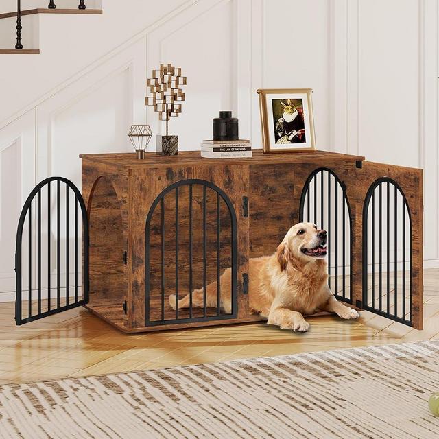 Hzuaneri 39.4'' Wooden Dog Crate Furniture TV Stand, Indoor Dog Kennel for Small/Medium/Large Dogs, End Side Table Dog Crates, Anti-Chew, Anti-Escape, Arched Door Design, Rustic Brown DFC84101B