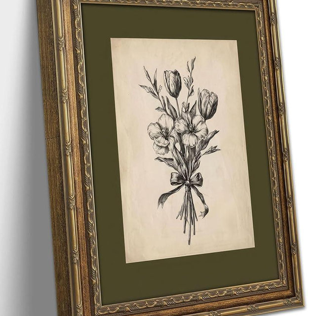 Gold Framed Wall Art Vintage Flower Sketch Wall Art Antique Sage Green Botanical Wall Decor Picture Dark Green Floral Drawing Poster Print for Bedroom Living Room 12x16in