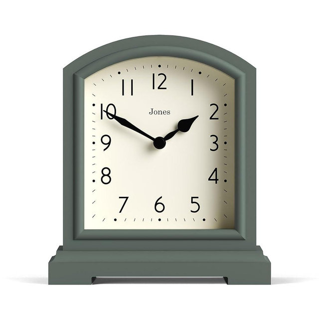 JONES CLOCKS® Tavern Mantel Clock | Small Modern Arch top Design | Asparagus Green | Contemporary Classic Style for Desk, Table, Shelf or Bedside